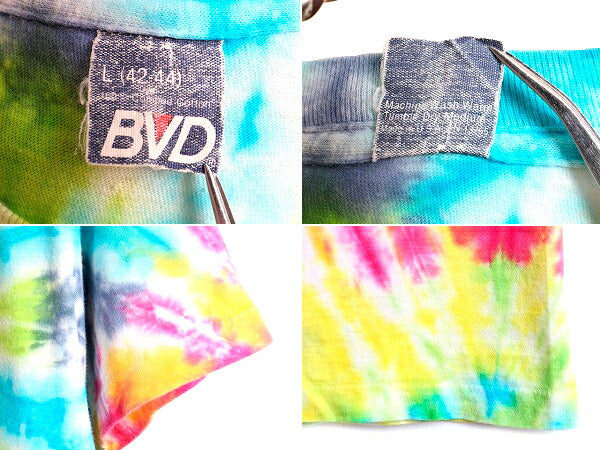 80s USA製 ■ BVD タイダイ 染め 半袖 Tシャツ ( メンズ L ) 古着 80年代 ビンテージ 総柄 半袖Tシャツ シングルステッチ マルチカラー