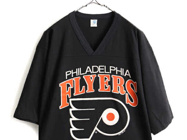 80s USA製 人気 黒 ■ NHL オフィシャル フライヤーズ プリント フットボール Tシャツ ( メンズ M ) 古着 80年代 ビンテージ 半袖Tシャツ