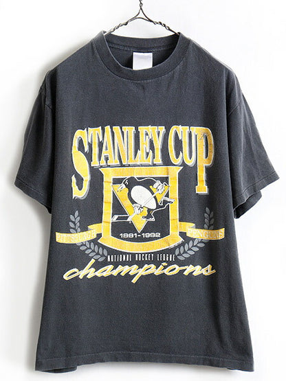 90s USA製 人気 黒 ■ NHL オフィシャル ペンギンズ プリント 半袖 Tシャツ ( メンズ L ) 古着 90年代 オールド プリントTシャツ ホッケー