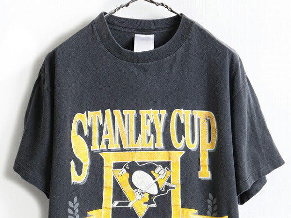 90s USA製 人気 黒 ■ NHL オフィシャル ペンギンズ プリント 半袖 Tシャツ ( メンズ L ) 古着 90年代 オールド プリントTシャツ ホッケー