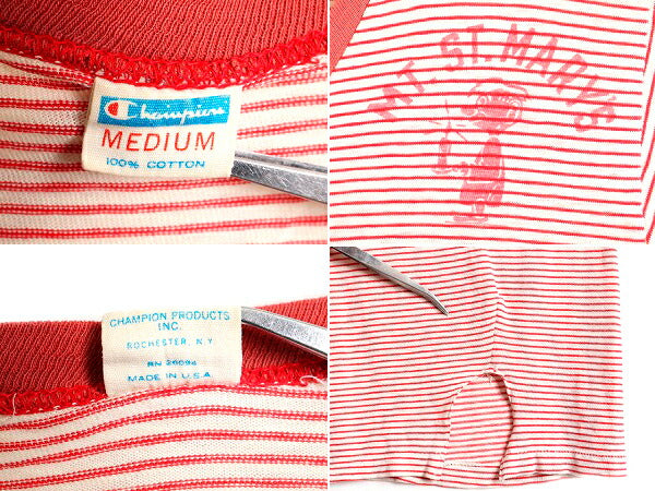 70s USA製 ■ チャンピオン 染込み プリント ボーダー 半袖 Tシャツ ( M メンズ S 程) 古着 70年代 Champion バータグ スリーピング ウェア