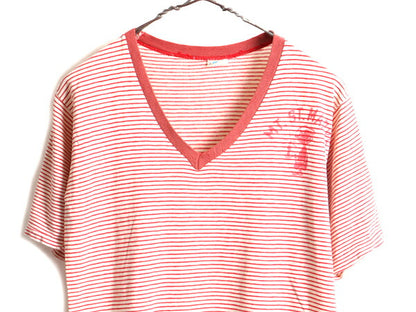70s USA製 ■ チャンピオン 染込み プリント ボーダー 半袖 Tシャツ ( M メンズ S 程) 古着 70年代 Champion バータグ スリーピング ウェア