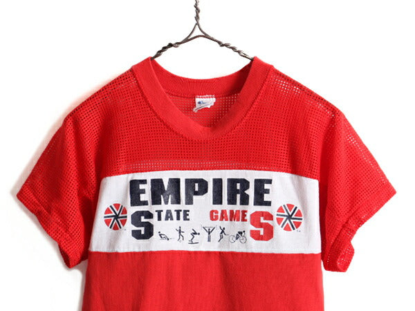 80s USA製 ■ チャンピオン メッシュ 切替 プリント 半袖 Tシャツ ( S メンズ レディース 小さめ XS 程) 古着 80年代 ビンテージ Champion