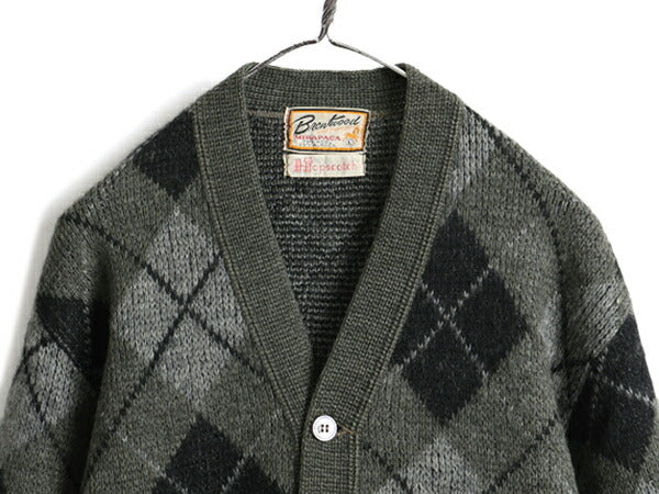 60s ★ BRENTWOOD アーガイル ウール アルパカ 長袖 ニット カーディガン メンズ L / 古着 ビンテージ 60年代 セーター 毛足 ポケット付き