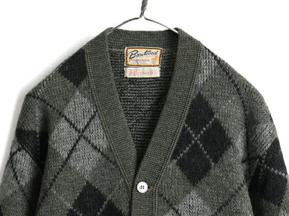 60s ★ BRENTWOOD アーガイル ウール アルパカ 長袖 ニット カーディガン メンズ L / 古着 ビンテージ 60年代 セーター 毛足 ポケット付き