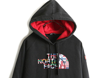 2018 オリンピック 人気 黒 ■ ノースフェイス 国旗 プリント スウェット フード パーカー レディース M / The North Face 裏起毛 スエット
