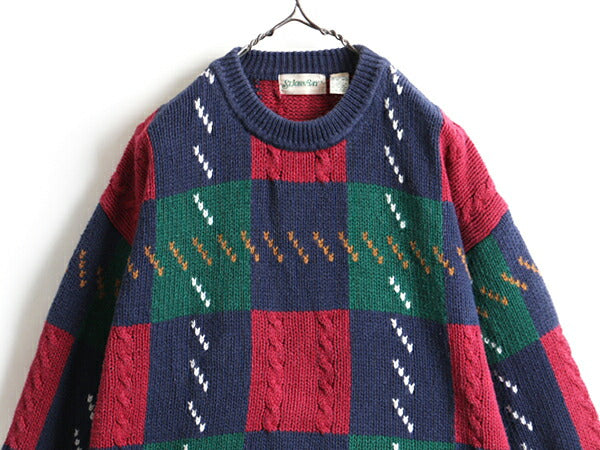 80s 90s 大きいサイズ XL ■ST JOHN'S BAY コットン ニット セーター ( メンズ ) JCペニー セントジョンズベイ パネル バーズアイ オールド
