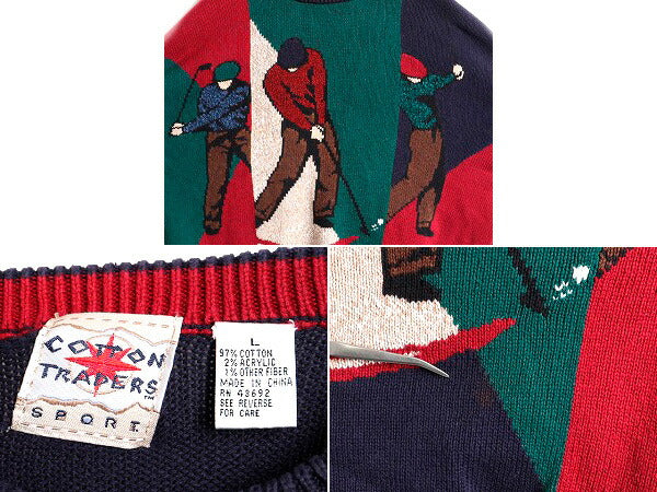 ■ COTTON TRADERS 絵柄 コットン ニット セーター メンズ L / 古着 90s オールド 90年代 ゴルフ ゴルファー クレイジー ビッグシルエット