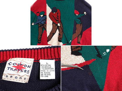 ■ COTTON TRADERS 絵柄 コットン ニット セーター メンズ L / 古着 90s オールド 90年代 ゴルフ ゴルファー クレイジー ビッグシルエット
