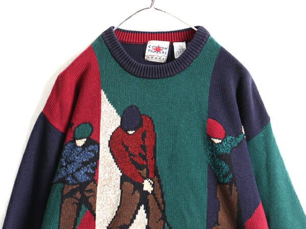 ■ COTTON TRADERS 絵柄 コットン ニット セーター メンズ L / 古着 90s オールド 90年代 ゴルフ ゴルファー クレイジー ビッグシルエット