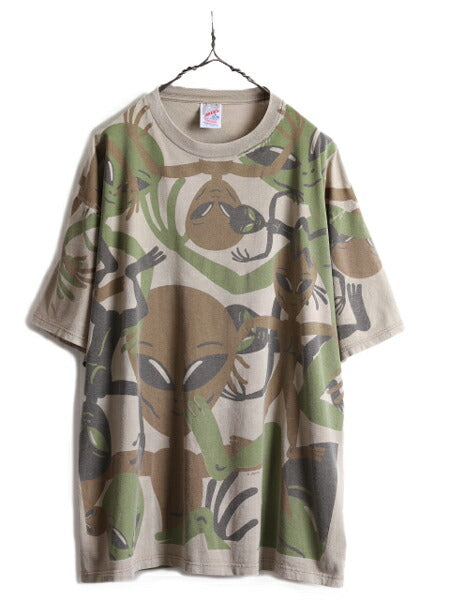 90s USA製 ★ エイリアン オールオーバー プリント 半袖 Tシャツ ( メンズ XL ) 90年代 宇宙人 総柄 カモ 迷彩 アート キャラクター 当時物
