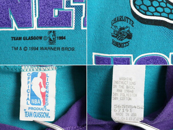 90s USA製 ボーイズ XL メンズ S 程■ ワーナー タズマニアンデビル NBA ホーネッツ フード付き 長袖 Tシャツ キャラクター ロンT 2トーン