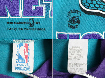 90s USA製 ボーイズ XL メンズ S 程■ ワーナー タズマニアンデビル NBA ホーネッツ フード付き 長袖 Tシャツ キャラクター ロンT 2トーン