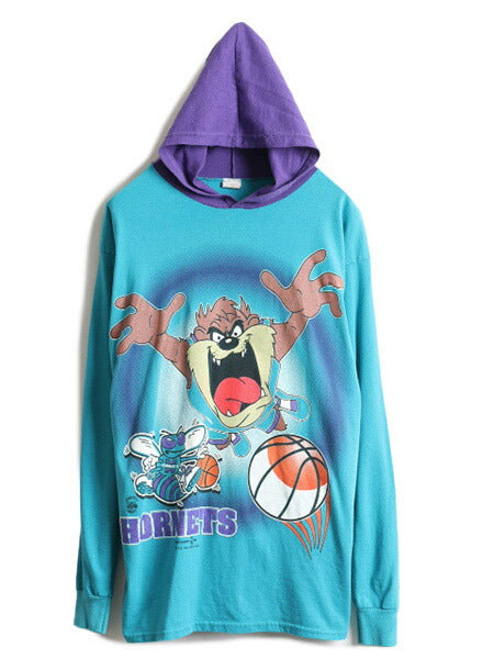 90s USA製 ボーイズ XL メンズ S 程■ ワーナー タズマニアンデビル NBA ホーネッツ フード付き 長袖 Tシャツ キャラクター ロンT 2トーン