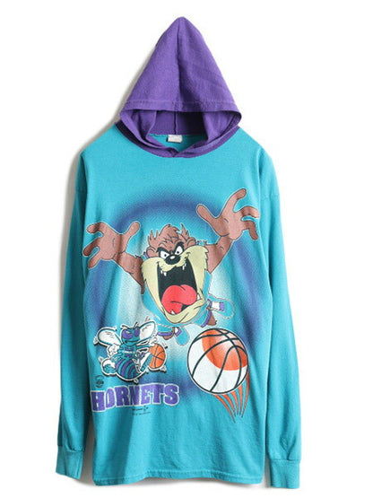 90s USA製 ボーイズ XL メンズ S 程■ ワーナー タズマニアンデビル NBA ホーネッツ フード付き 長袖 Tシャツ キャラクター ロンT 2トーン
