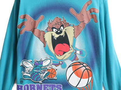 90s USA製 ボーイズ XL メンズ S 程■ ワーナー タズマニアンデビル NBA ホーネッツ フード付き 長袖 Tシャツ キャラクター ロンT 2トーン