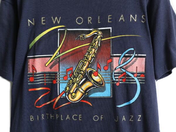 80s USA製 ★ ジャズ アート プリント 半袖 Tシャツ メンズ L / 80年代 ビンテージ 当時物 JAZZ 芸術 イラスト バンド シングルステッチ 紺