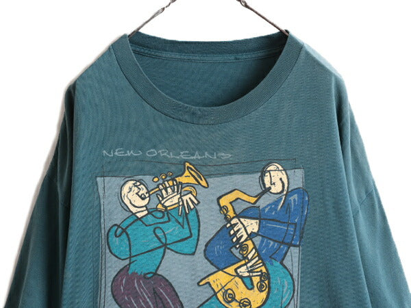 90s ★ ジャズ アート プリント Tシャツ メンズ XL / 90年代 オールド JAZZ 芸術 イラスト バンド シングルステッチ 青 緑 ヘビーウェイト