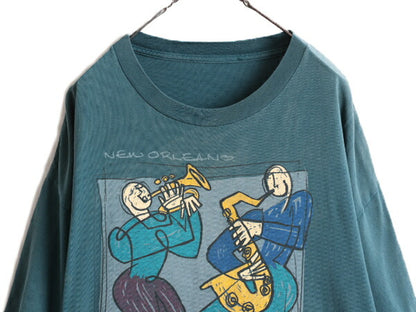 90s ★ ジャズ アート プリント Tシャツ メンズ XL / 90年代 オールド JAZZ 芸術 イラスト バンド シングルステッチ 青 緑 ヘビーウェイト