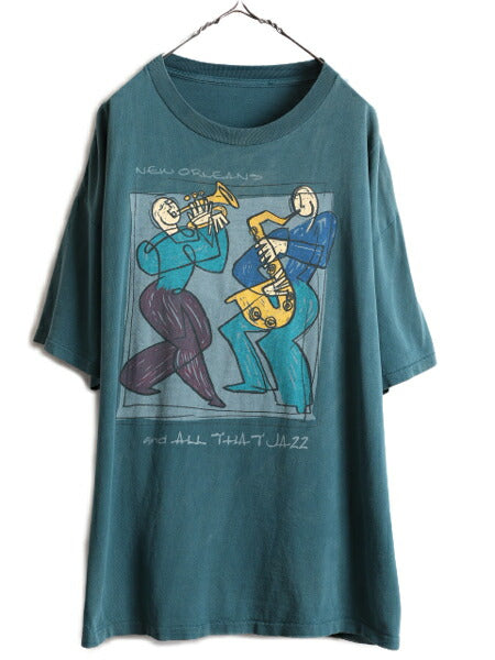 90s ★ ジャズ アート プリント Tシャツ メンズ XL / 90年代 オールド JAZZ 芸術 イラスト バンド シングルステッチ 青 緑 ヘビーウェイト