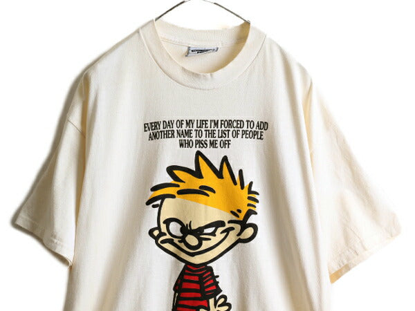 90s USA製 ★ カルビン ＆ ホッブス プリント 半袖 Tシャツ メンズ XL / 90年代 オールド キャラクター メッセージ イラスト アメコミ 漫画