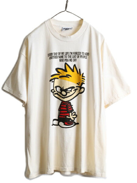 90s USA製 ★ カルビン ＆ ホッブス プリント 半袖 Tシャツ メンズ XL / 90年代 オールド キャラクター メッセージ イラスト アメコミ 漫画
