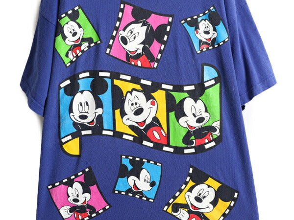 90s 大きいサイズ XL 程■ ディズニー オフィシャル ミッキー プリント 半袖 Tシャツ メンズ レディース / 90年代 DISNEY キャラクター 青