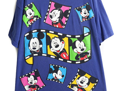 90s 大きいサイズ XL 程■ ディズニー オフィシャル ミッキー プリント 半袖 Tシャツ メンズ レディース / 90年代 DISNEY キャラクター 青