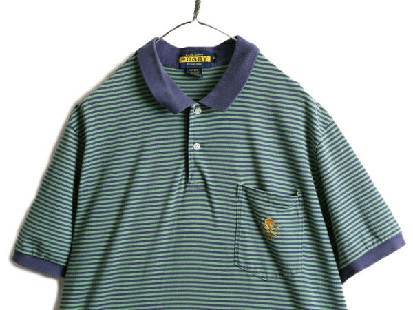 スカル 刺繍 ■ ラグビー ラルフローレン ボーダー 半袖 ポロシャツ ( XL 小さめ メンズ L 程) POLO RUGBY ポロ 半袖シャツ ポケット付き