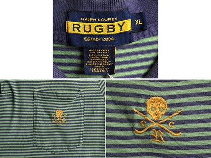 スカル 刺繍 ■ ラグビー ラルフローレン ボーダー 半袖 ポロシャツ ( XL 小さめ メンズ L 程) POLO RUGBY ポロ 半袖シャツ ポケット付き