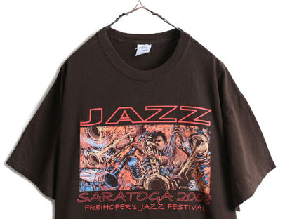00s ★ ジャズ フェス アート プリント Tシャツ メンズ L / 古着 00年代 オールド JAZZ 芸術 イラスト バンド 茶 ヘビーウェイト ブラウン