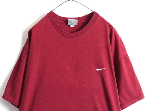 00s 大きいサイズ XXL ■ ナイキ スウォッシュ 刺繍 半袖 Tシャツ メンズ 2XL 古着 00年代 NIKE ヘビーウェイト ロゴT ワンポイント エンジ
