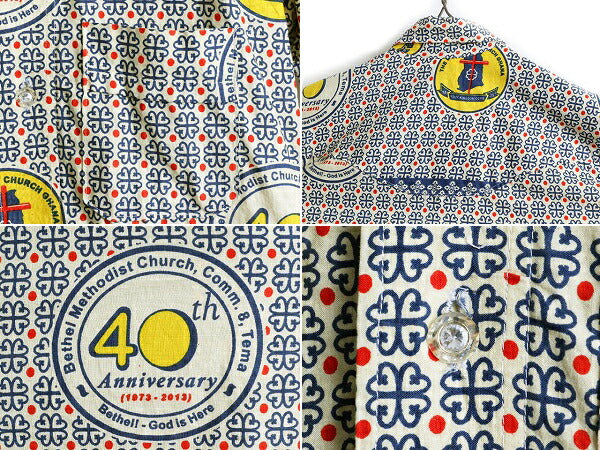 一点物 40周年記念 ■ 総柄 半袖 シャツ ( メンズ S 程) 古着 ポケット付き 半袖シャツ 柄シャツ ロゴ 当時物 コットン 四つ葉 クローバー