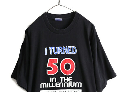 90s 大きいサイズ XL ■ アート ジョーク メッセージ プリント 半袖 Tシャツ ( メンズ ) 古着 90年代 オールド イラスト ヘビーウェイト 黒