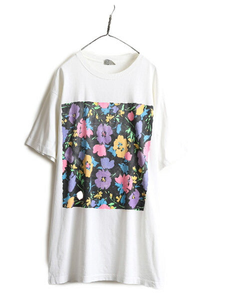 90s 大きいサイズ XXL ■ フラワー アート プリント 半袖 Tシャツ メンズ 2XL / 90年代 花 芸術 イラスト シングルステッチ ヘビーウェイト