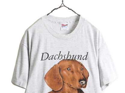 90s USA製 ★ アニマル ダックスフント プリント Tシャツ メンズ レディース L / 90年代 動物 犬 アート イラスト シングルステッチ グレー