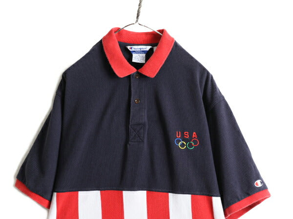 90s 大きいサイズ XL ■ チャンピオン アトランタ オリンピック オフィシャル 鹿の子 半袖 ポロシャツ メンズ 古着 星条旗 90年代 CHAMPION