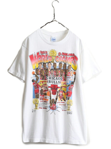 90s USA製 ★ NBA オフィシャル シカゴ ブルズ プリント Tシャツ ( メンズ M ) 90年代 当時物 バスケ イラスト ジョーダン キャラクター 白