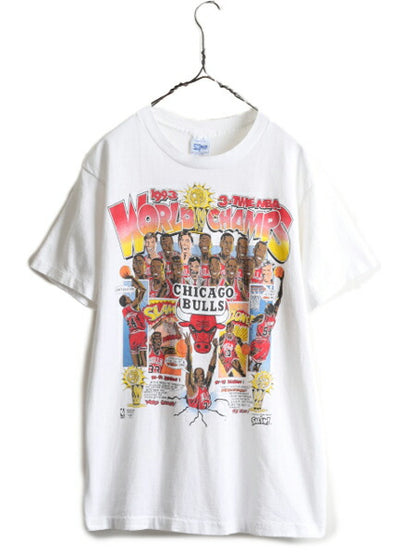 90s USA製 ★ NBA オフィシャル シカゴ ブルズ プリント Tシャツ ( メンズ M ) 90年代 当時物 バスケ イラスト ジョーダン キャラクター 白