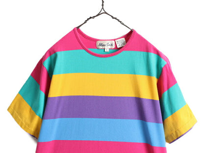 80s 90s ■ ワイド ボーダー 半袖 Tシャツ レディース L 古着 80年代 90年代 シングルステッチ カラフル マルチカラー オールド ビンテージ