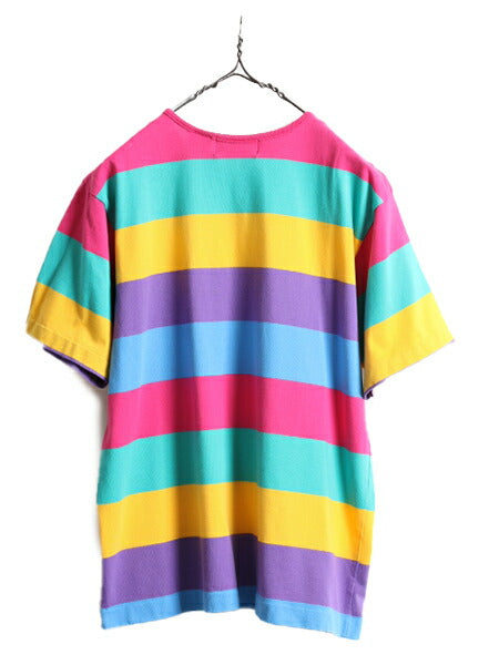80s 90s ■ ワイド ボーダー 半袖 Tシャツ レディース L 古着 80年代 90年代 シングルステッチ カラフル マルチカラー オールド ビンテージ