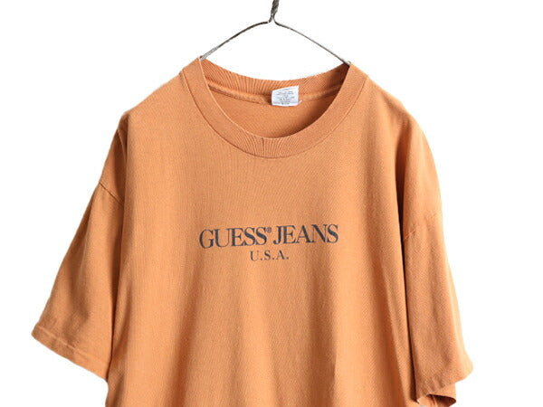 90s USA製 大きいサイズ XL ■ ゲス マルシアーノ プリント 半袖 Tシャツ ( メンズ ) 古着 GUESS MARCIANO 90年代 オールド ロゴT オレンジ