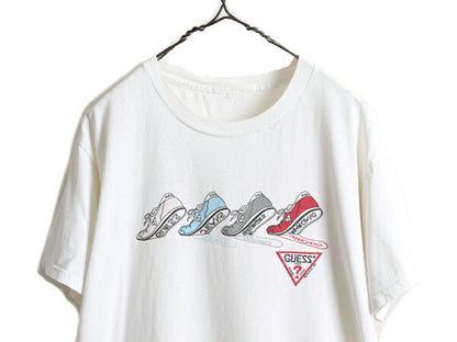 80s ビンテージ ■ ゲス プリント 半袖 Tシャツ メンズ レディース M 程/ 80年代 GUESS シングルステッチ 白 ロゴTシャツ プリントTシャツ