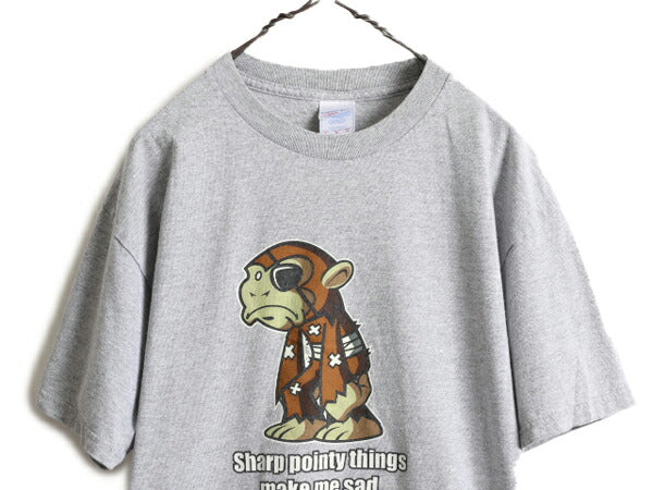 00s ■ モンキー イラスト メッセージ プリント Tシャツ メンズ L / 古着 00年代 アニマル 動物 キャラクター ジョーク ヘビーウェイト 灰