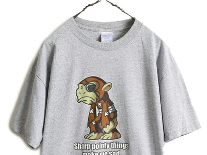 00s ■ モンキー イラスト メッセージ プリント Tシャツ メンズ L / 古着 00年代 アニマル 動物 キャラクター ジョーク ヘビーウェイト 灰