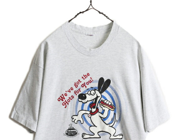 90s ■ 企業 ドッグ キャラクター イラスト プリント Tシャツ ( メンズ L 程) 90年代 当時物 メッセージ アニマル 犬 シングルステッチ 灰