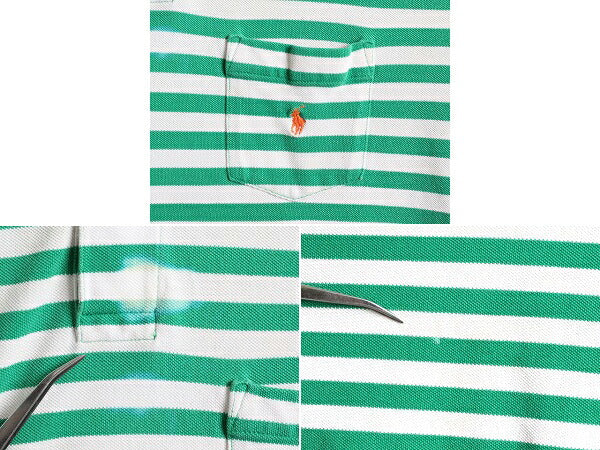 90s ■ ポロ ラルフローレン ボーダー 鹿の子 ポケット付き 半袖 ポロシャツ メンズ L 90年代 POLO ポニー刺繍 ワンポイント 緑 白 2トーン