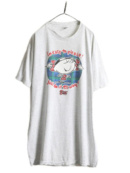 90s USA製 ■ イラスト プリント 半袖 Tシャツ メンズ レディース XL 程/ 90年代 オールド 当時物 キャラクター メッセージ 霜降り グレー