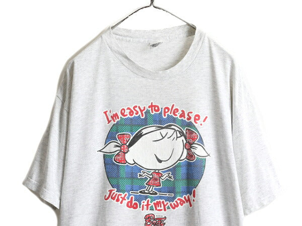 90s USA製 ■ イラスト プリント 半袖 Tシャツ メンズ レディース XL 程/ 90年代 オールド 当時物 キャラクター メッセージ 霜降り グレー