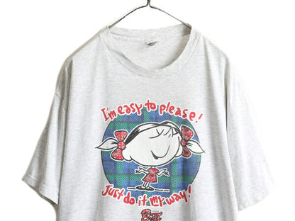 90s USA製 ■ イラスト プリント 半袖 Tシャツ メンズ レディース XL 程/ 90年代 オールド 当時物 キャラクター メッセージ 霜降り グレー
